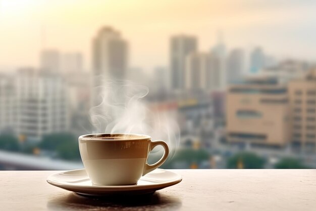 Una tazza di caffè caldo su un tavolo con sfondo paesaggio urbano