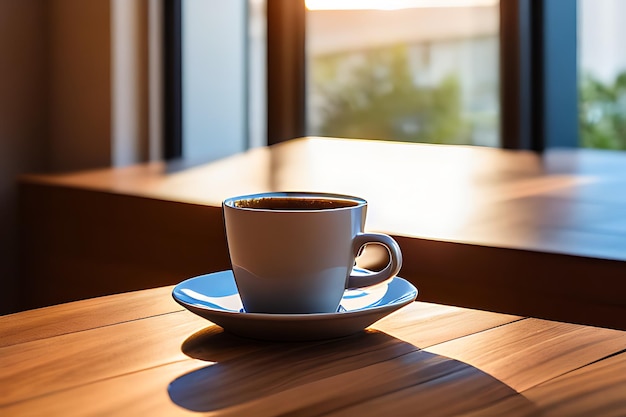 Una tazza di caffè caldo su un tavolo di legno