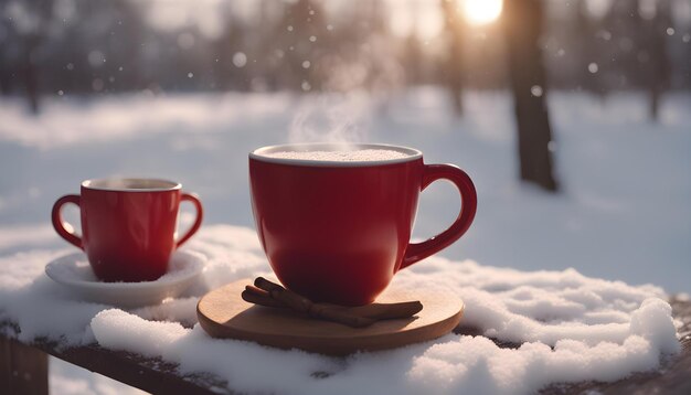 una tazza di caffè caldo su un tavolo nella neve