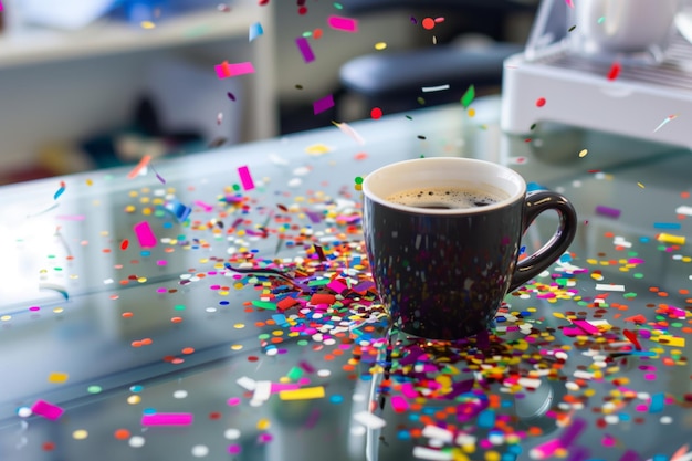 Una tazza di caffè circondata da confetti su una scrivania da ufficio di vetro
