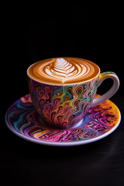 Una tazza di caffè colorata con un disegno sul bordo.