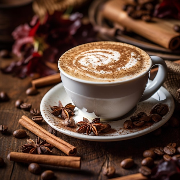 Una tazza di caffè con bastoncini di cannella e anice stellato in cima.