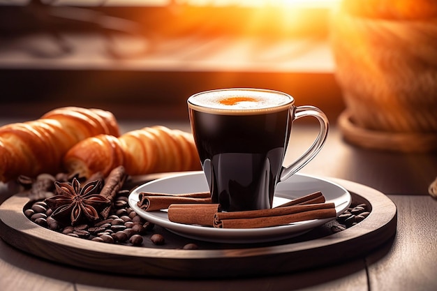 Una tazza di caffè con bastoncini di cannella su un piatto accanto a una tazza di caffè.