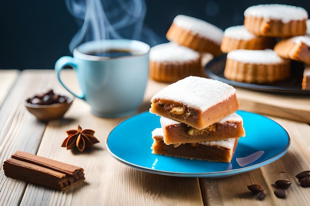 una tazza di caffè con biscotti e una tazza di caffè sul tavolo.