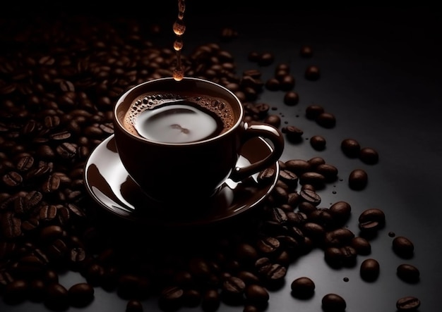 Una tazza di caffè con chicchi di caffè su sfondo nero.