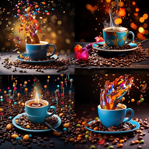 una tazza di caffè con confettini colorati e chicchi di caffè concetto di giornata internazionale del caffè