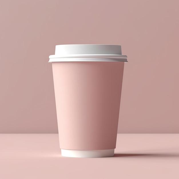 Una tazza di caffè con coperchio bianco si trova su uno sfondo rosa