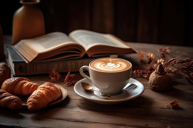 Una tazza di caffè con croissant e un