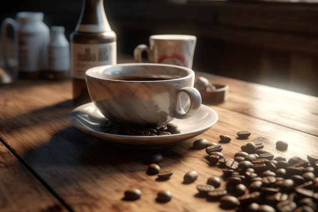 Una tazza di caffè con dei fagioli arrostiti generata dall'AI
