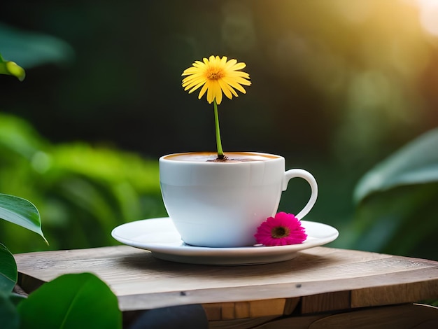 Una tazza di caffè con dentro un fiore