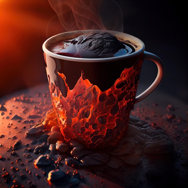 Una tazza di caffè con fiamme di lava e fuoco su sfondo nero