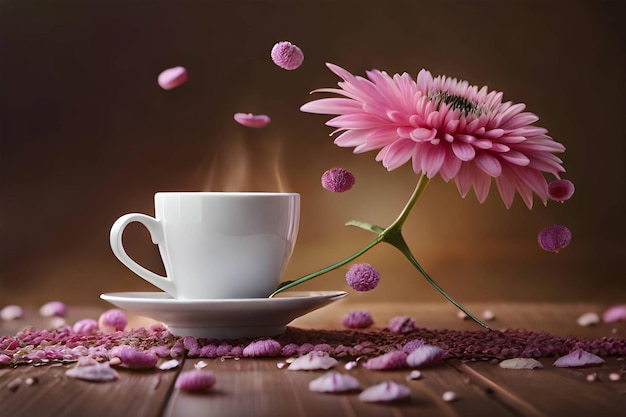 Una tazza di caffè con fiori colorati sullo sfondo scuro Generativo ai