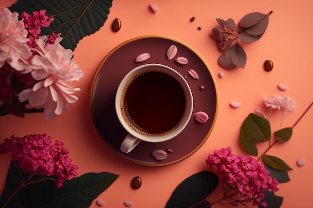 Una tazza di caffè con fiori rosa su sfondo arancione.