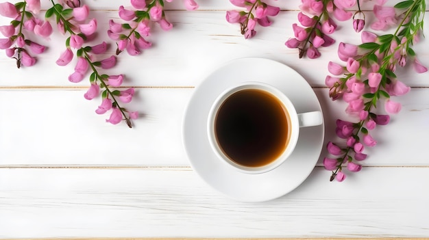 Una tazza di caffè con fiori rosa su un tavolo di legno.