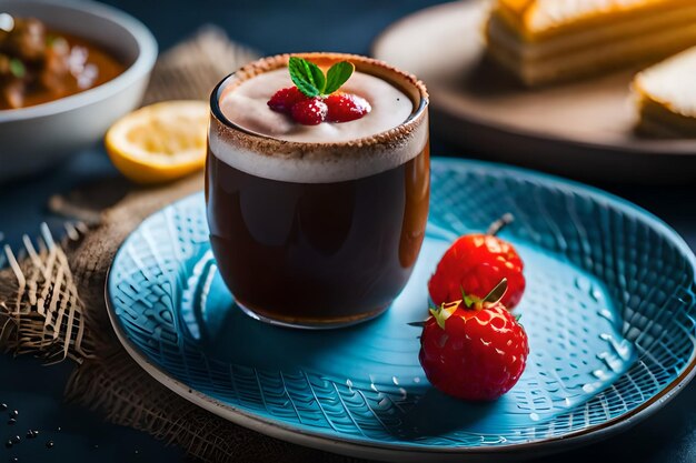 una tazza di caffè con fragole e una fragola su un piatto.