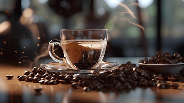 Una tazza di caffè con i chicchi di caffè sul tavolo