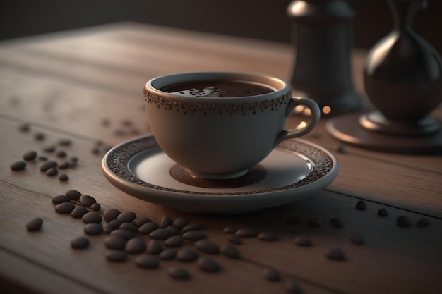 Una tazza di caffè con i chicchi di caffè sul tavolo