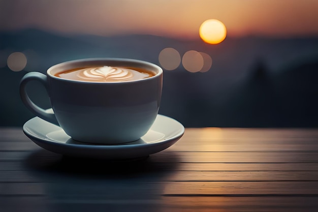 una tazza di caffè con il tramonto sullo sfondo