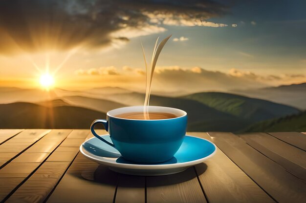 una tazza di caffè con il vapore che ne esce su un tavolo di legno.