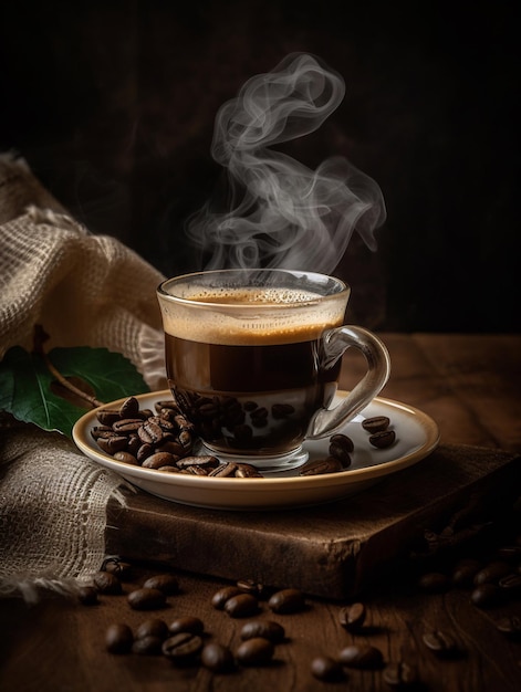 Una tazza di caffè con il vapore che sale dall'alto.