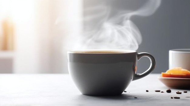 Una tazza di caffè con il vapore che sale dall'alto.