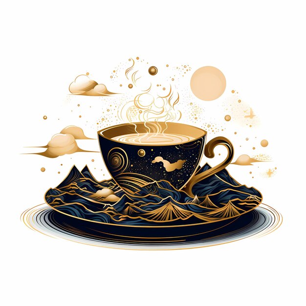 Una tazza di caffè con l'immagine di un deserto e di montagne.