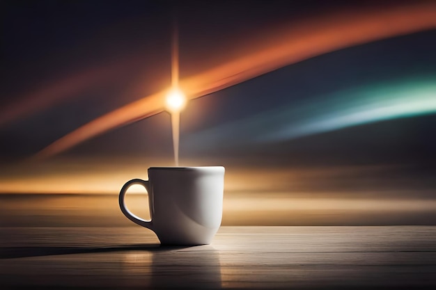 una tazza di caffè con la luce dietro