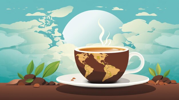 una tazza di caffè con la mappa del mondo sullo sfondo