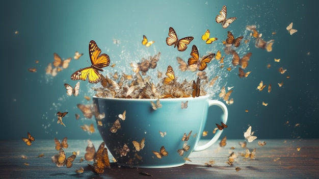Una tazza di caffè con le farfalle che volano intorno