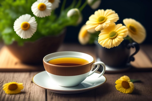 Una tazza di caffè con margherite sullo sfondo