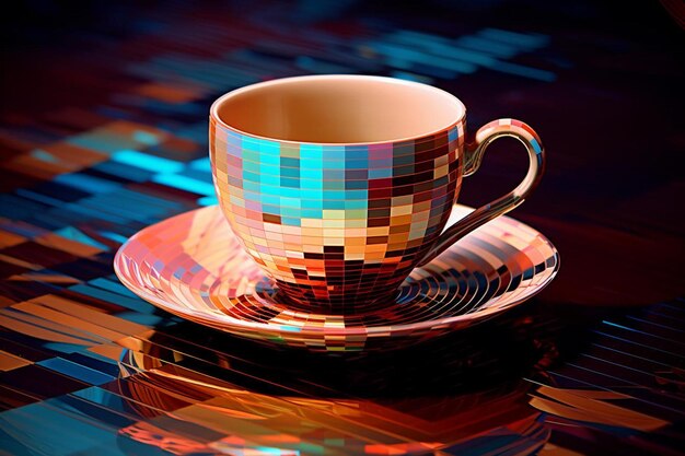 una tazza di caffè con motivi colorati sul davanti.