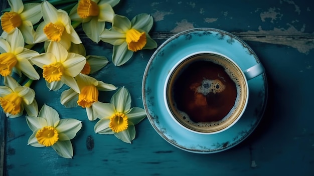 Una tazza di caffè con narcisi sul lato