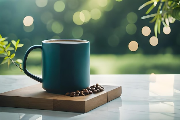 Una tazza di caffè con salsa al cioccolato su un vassoio di legno.