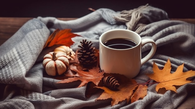 Una tazza di caffè con sopra una coperta e foglie d'autunno