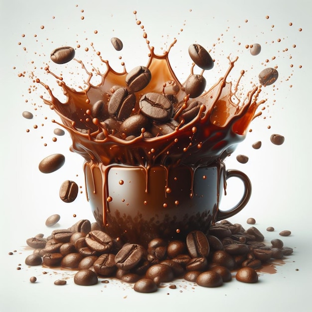 una tazza di caffè con splash di chicchi di caffè