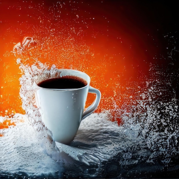 una tazza di caffè con spruzzi d'acqua sullo sfondo