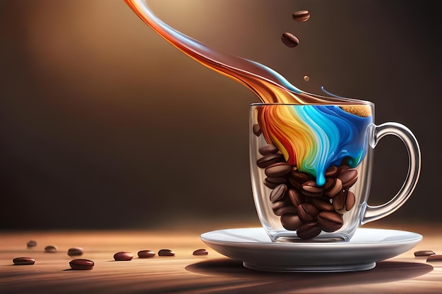 Una tazza di caffè con un arcobaleno dipinto sopra