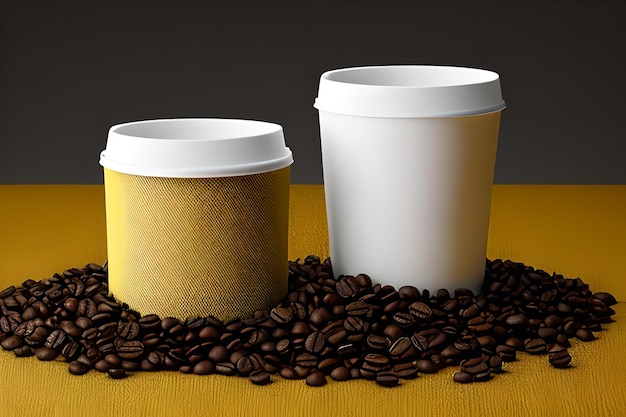 Una tazza di caffè con un coperchio bianco e uno sfondo giallo con chicchi di caffè.