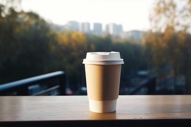 Una tazza di caffè con un coperchio si trova su un tavolo di fronte a un paesaggio urbano