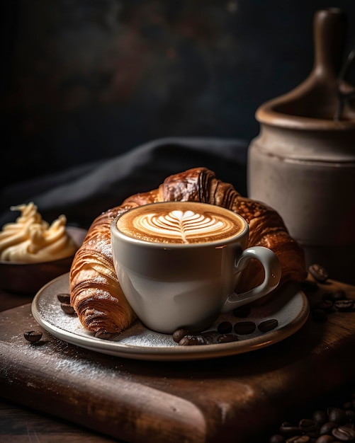 Una tazza di caffè con un croissant e chicchi di caffè su un tavolo.