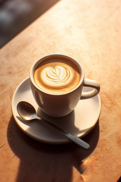 Una tazza di caffè con un cucchiaio su un piattino e un cucchiaio su un tavolo.