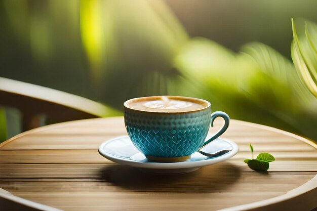 una tazza di caffè con un cucchiaio su un piattino e un libro con una pianta verde sullo sfondo.
