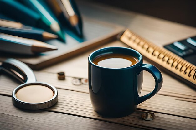 una tazza di caffè con un cucchiaio su un tavolo.