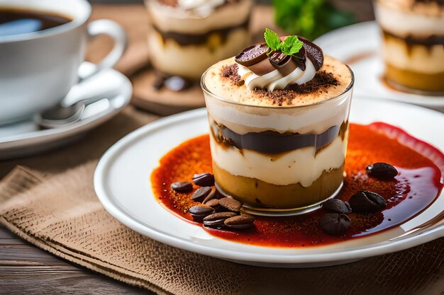 una tazza di caffè con un dessert in cima