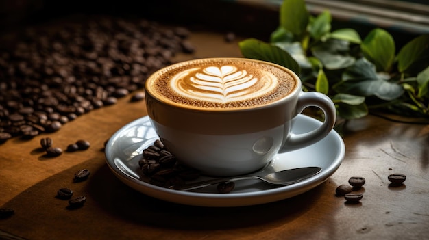 Una tazza di caffè con un disegno a foglia in cima