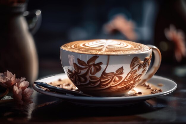 Una tazza di caffè con un disegno a foglia sul bordo