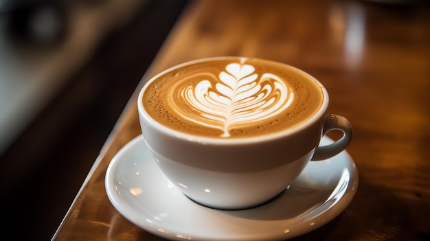 una tazza di caffè con un disegno a foglia sulla schiuma