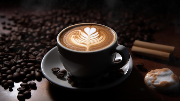 Una tazza di caffè con un disegno a forma di cuore in cima.
