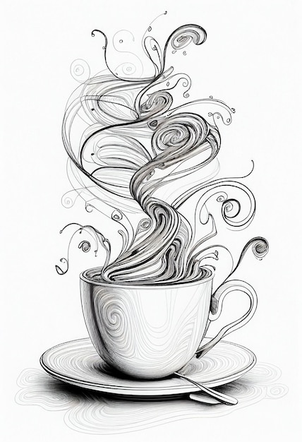 Una tazza di caffè con un disegno swirly sul fondo.