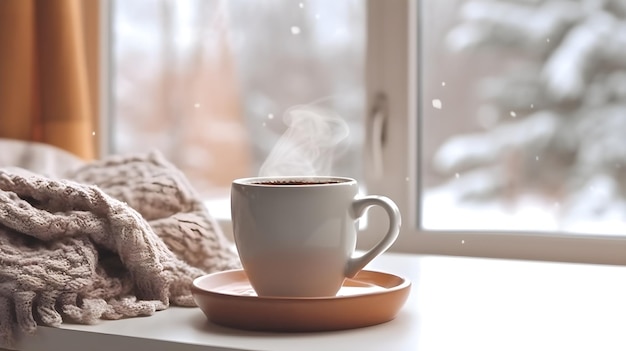 Una tazza di caffè con un fiocco di neve sulla finestra